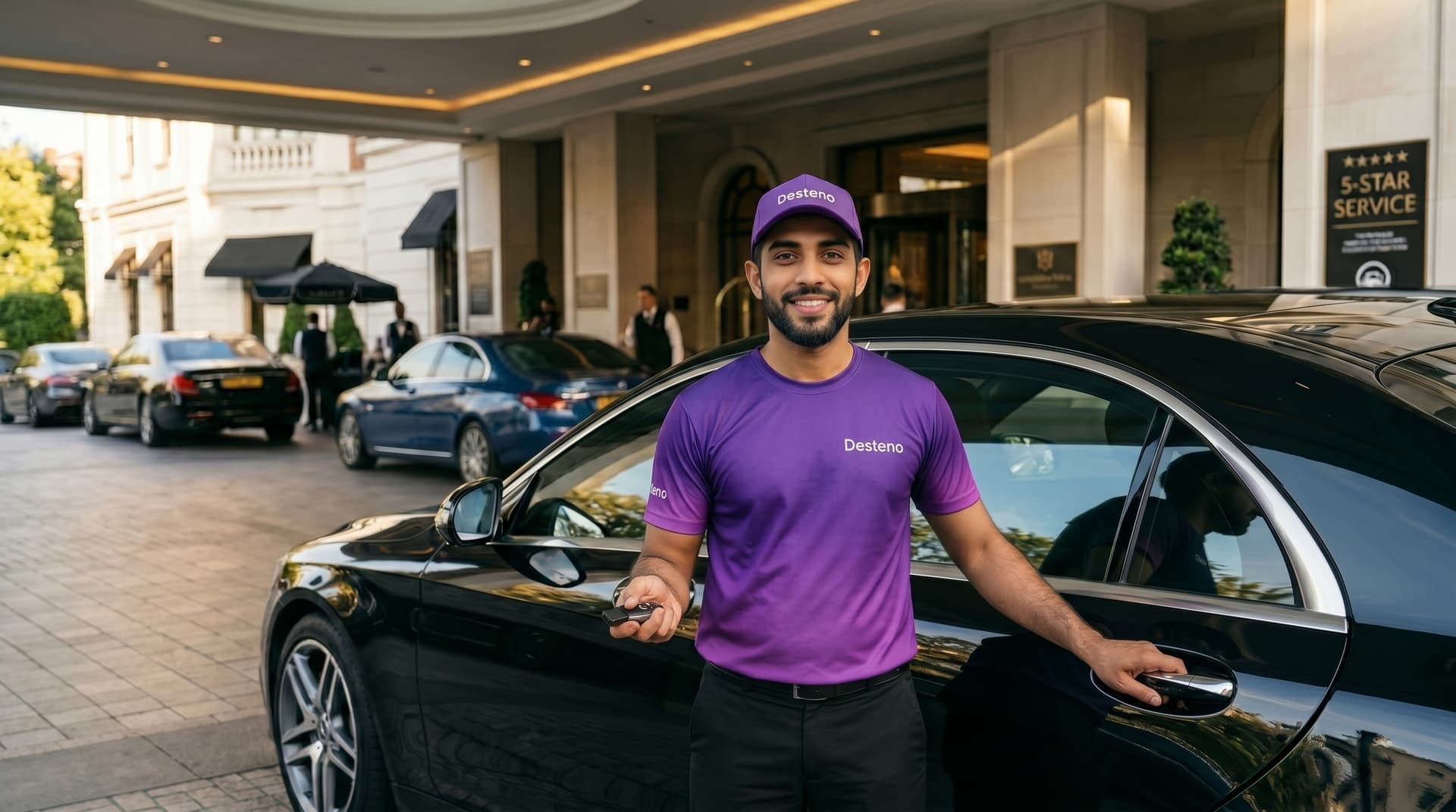 Verified Desteno driver in uniform standing next to a car, ready for service